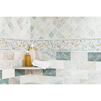 Thumbnail image of Corner of shower with green marble subway tile and mosaics on walls. 