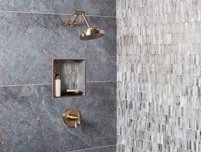 Shower with blue large-format tile.