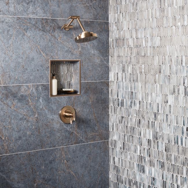 Blue marble-look shower wall.