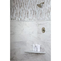 Thumbnail image of Walk in shower with natural stone accents and trim with marble looking ceramic wall tile, mosaic accent vertically ran on upper wall divided by marble and stainless trim pieces. A Marble corner seat adds function and elegance to the shower.