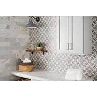 Thumbnail image of Tiled walls in  white marble tile and a patterned porcelain tile.  Each wall is tiled differently and accents the white marble counter and light cabinets.