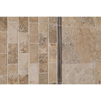 Thumbnail image of Detail shown with natural travertine and metal dark steel profiles to split transition in stone sizes and pattern.