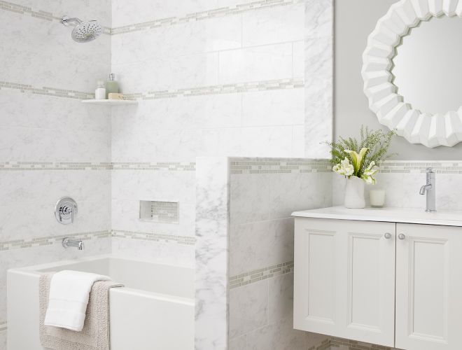 Elegant faux marble bathroom.