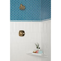 Thumbnail image of Vertically ran framed subway tile creates the design on the lower shower walls.  Transitioned by white and blue ceramic square pencils the upper walls are a blue 2" hexagonal mosaic ceramic tile a natural marble corner bench completes the tiled area. The shower head and mixer valve are a warm brushed metal.