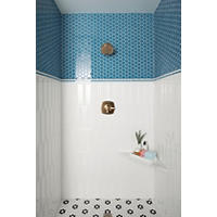 Thumbnail image of Shower area that is tiled from floor to ceiling shower pan has a black and white floral pattern in one inch hexagon moving up to a larger framed subway tile absorbing 3/4 of the wall in a staggered layout vertically transitioning to a white and ocean Blue Square pencil making the blue between the white gives a traditional feel to this complexted transitional border. the wall above the pencil tiles is ocean blue hexagonal in a 2" mosaic to the ceiling.  a marble corner seat adds function and elegance fixtures are a warm toned brushed metal.