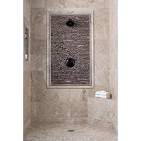 Thumbnail image of Natural stone shower area with glass and marble picture frame around dark oil rubbed bronze fixtures recessed niche has corresponding trim this area is done in neutral tans and dark Browns metal is also a warm tone this shower has elegance and function.