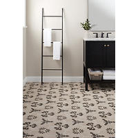 Thumbnail image of Area has focused on hexagon floor tile with vanity Intel hanging rack hexagon is tough background with black and grey design to make a unique pattern white baseboards in neutral white compliments the tile.