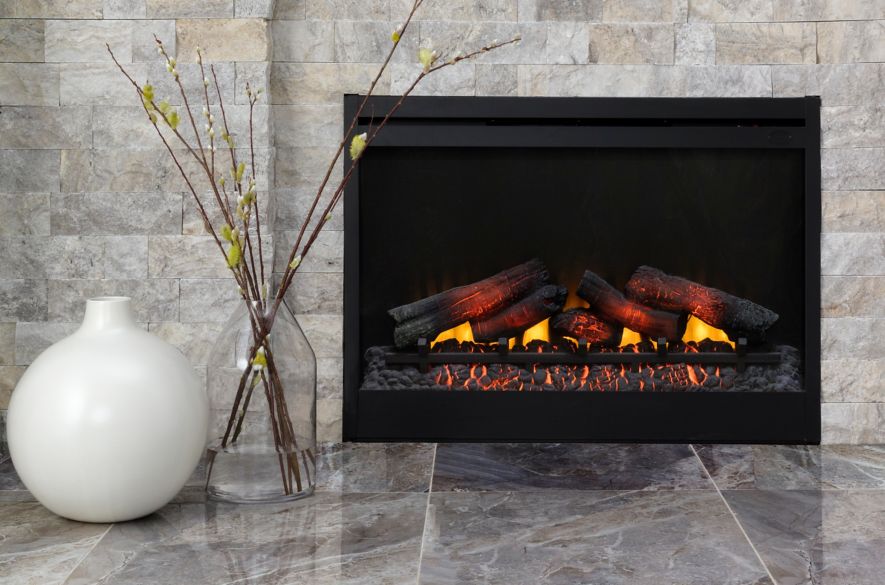 Textured grey and tan travertine stacked stone fireplace and marble-look floor.