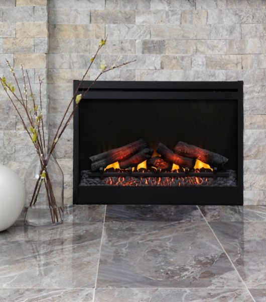 Textured grey and tan travertine stacked stone fireplace and marble-look floor.