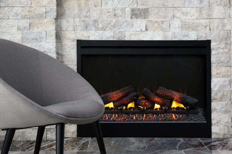 Textured grey and tan travertine stacked stone fireplace with marble-look floor and wood-look wall tile.