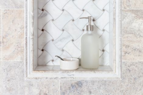Stella Sealants Corner Shower Shelf 9, Ebla Beige Limestone Tileable Natural Stone