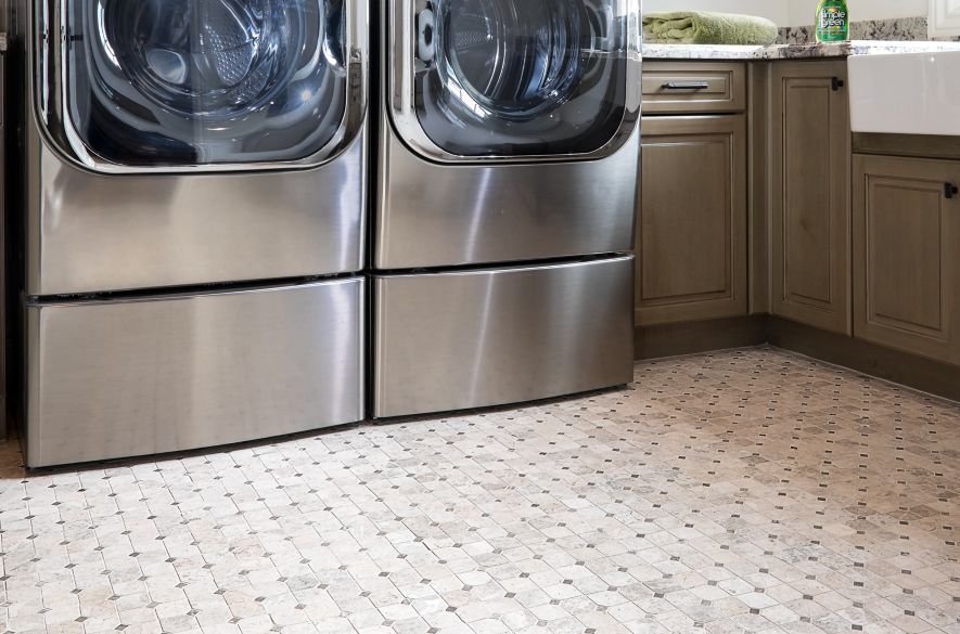 square floor tiles laundry room.