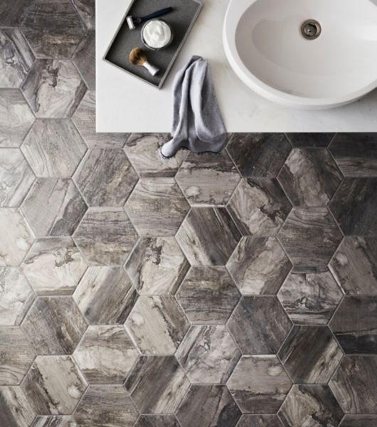 Rustic bathroom with wood look, hexagon floor tile.