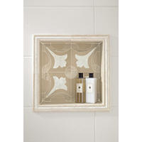Thumbnail image of Recessed niche with mosaic accent in a tulip pattern and framed in several stone profiles. Wall tile is a white large rectangular ceramic tile with a raised glaze.
