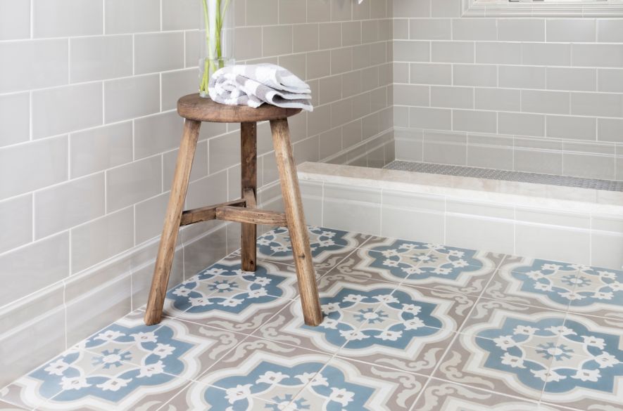 patterned bathroom floor tiles.