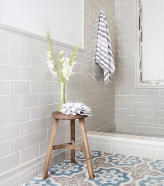 Encaustic Imperial Blue and Brown patterned Square Tile Shower Area