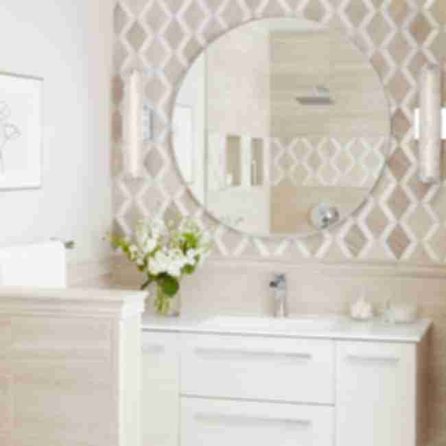 Bathroom with beige limestone tile.