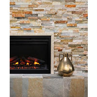 Thumbnail image of Earthy neutral tones are featured with tan and grey tones running throughout this wall tile. This fireplace also uses tile in the same quartzite for the raised hearth.