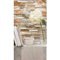 Thumbnail image of Stacked stone used on a wall in an array of pastel and neutral tones.  Books and cut fresh flowers sit on a stone ledge also tiled in the same stone.