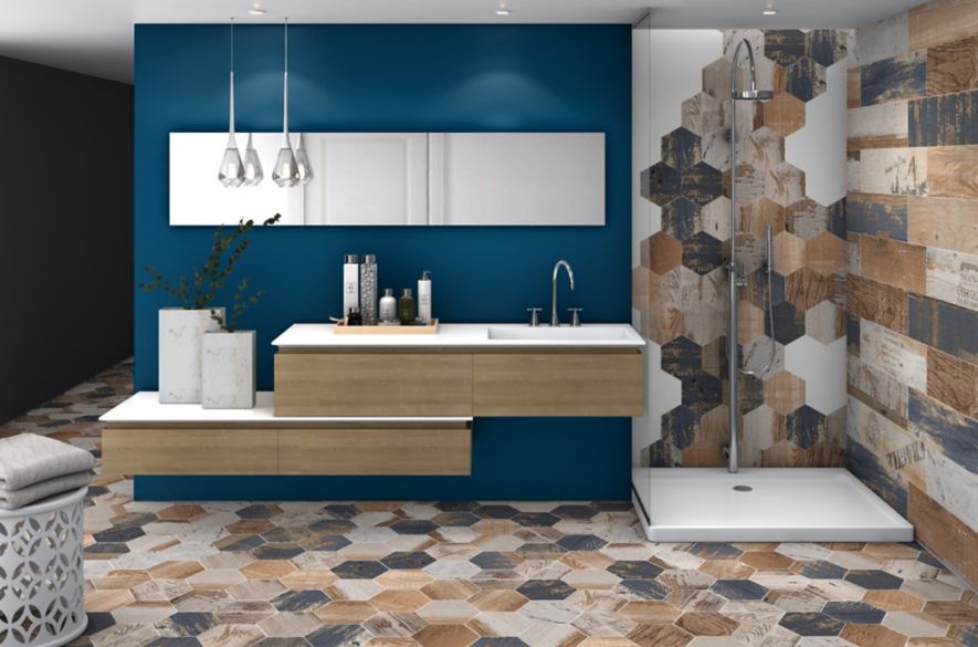 bathroom shower multiple color hexagon tiles.