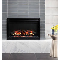 Thumbnail image of Dark grey speckling and tan veining provide opulent detail. With a straight edge design, the regal, yet contemporary look of this tile in polished white gives a larger, more open look.  It also works well with the glass subway tile on this fireplace face.