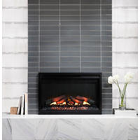 Thumbnail image of Natural marble and glass tile make this modern fireplace a focal of any space.  The grey and white marble add interest next to the solid tone of the glass subway tile.