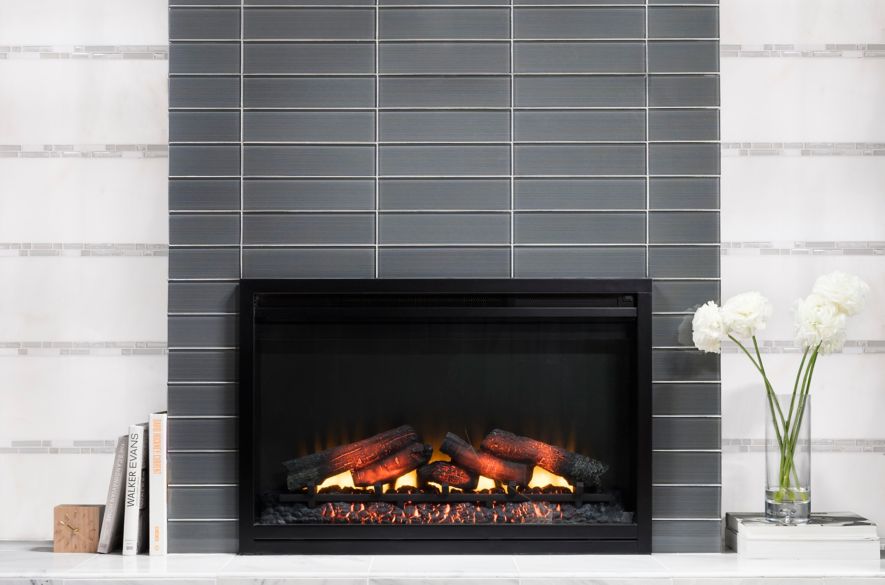 grey stove tiles in living room.