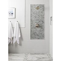 Thumbnail image of Walkin shower with ceramic subway tile on wall and wainscoting with a frame of wood look glass tile in greys black and white.  Large marble honed tile is main floor and same marble is the bullnose profile.