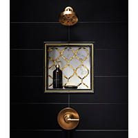 Thumbnail image of Antique Mirror glass and stone mosaic infuses any design with metallic and reflective elements. black marble contains subtle white veining running throughout to give it that classic marble look and frames gold glass liner perfectly around this shower niche.