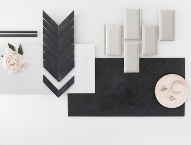 Contemporary yet feminine assortment of black and white tile.