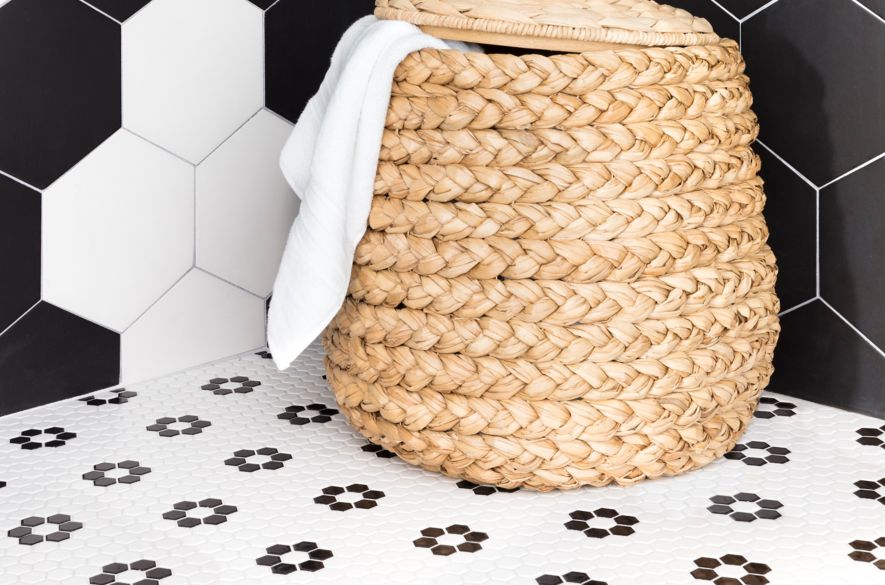 black and white hexagon tiles.