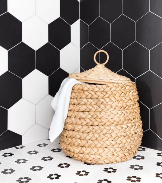 mosaic floor tile hex black white bathroom