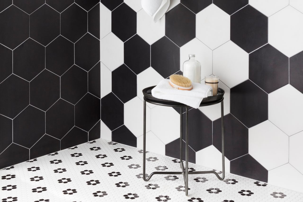 White and Black Patterned Hexagon Tile Shower.