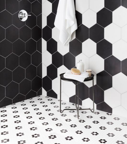 black white mosaic hex shower floor tile
