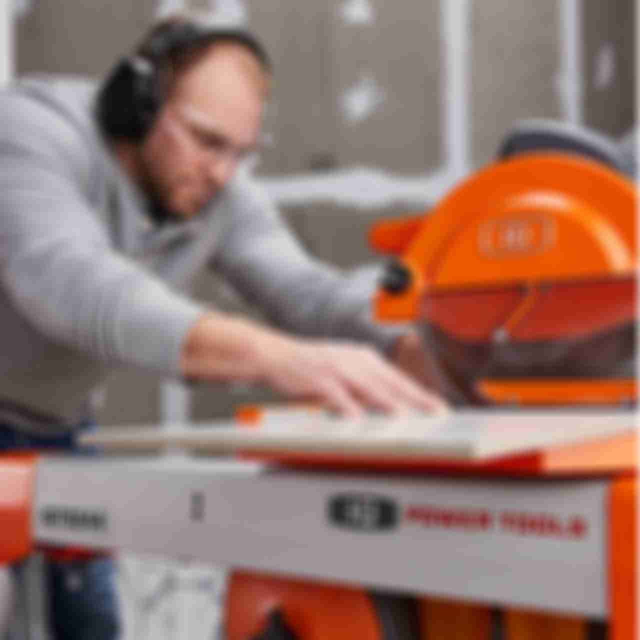 A pro installer cutting tile on an iQ tile saw.