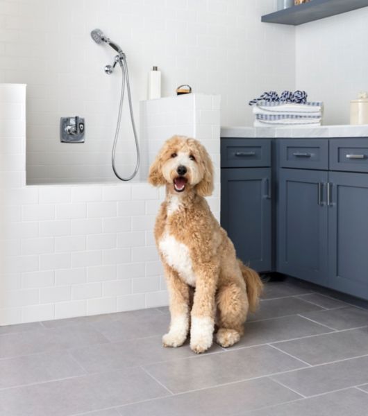 Dog washing station with white subway tile and grey concrete-look floor tile.