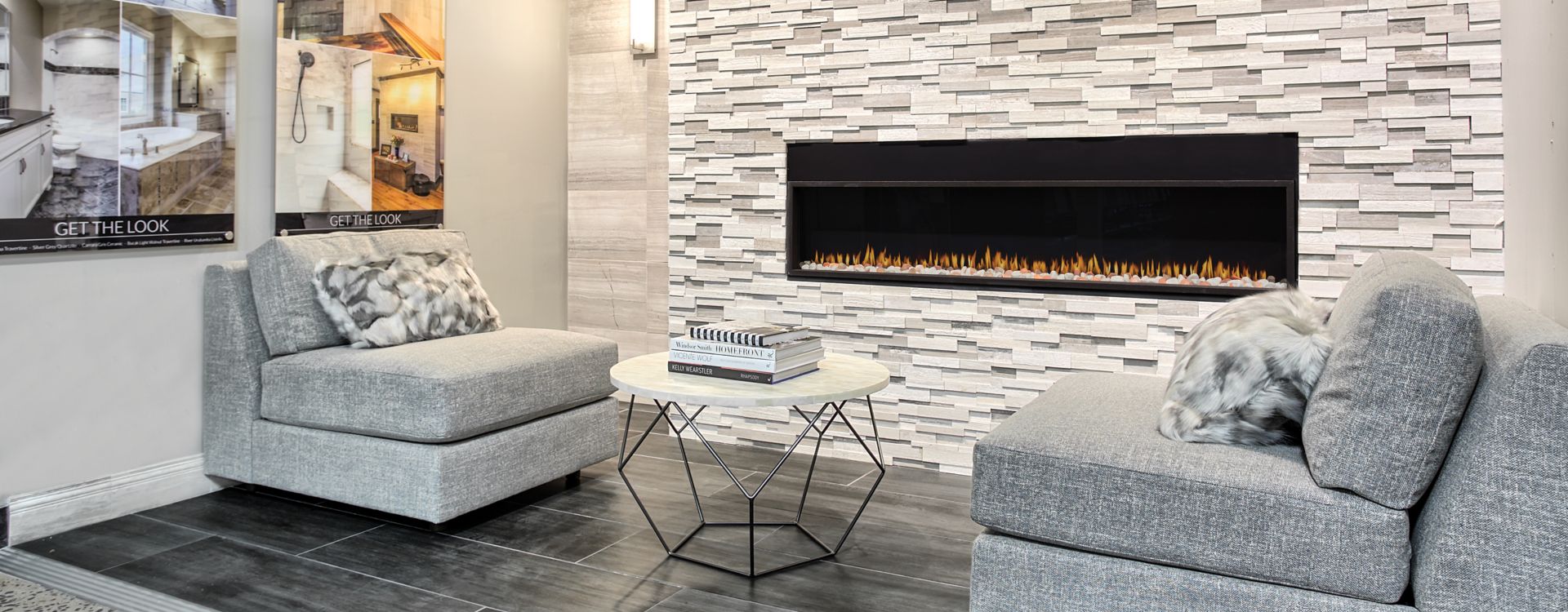 stone backsplash tiles in living room.