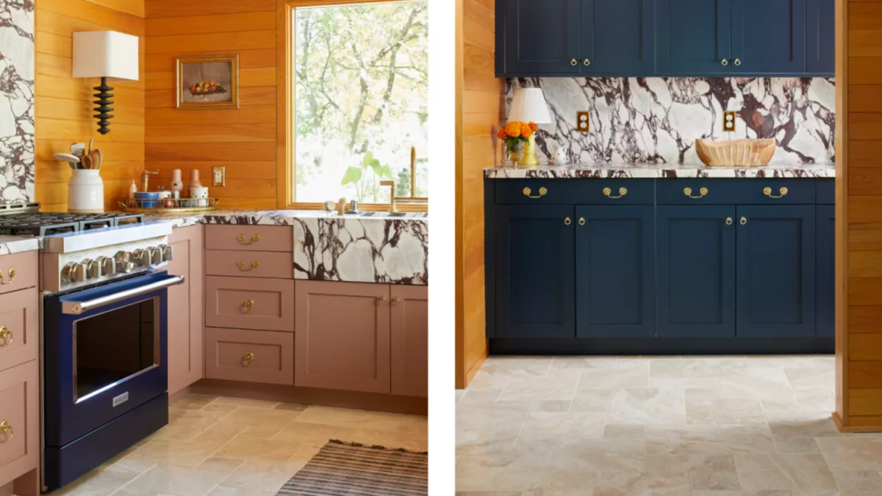 
A two-part image shows two different kitchens. The left side features a kitchen with light pink cabinets, a deep-blue oven, wood paneling, and a large sink and backsplash made of white marble with thick purple veining. The right side shows a kitchen with dark blue cabinets, a similar white marble with thick purple veining for the countertops and backsplash, and a light-colored tile floor.