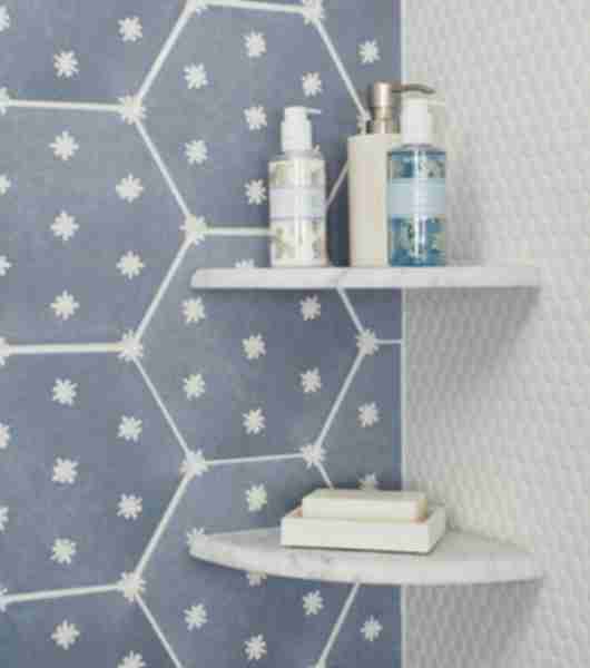 Detail of corner shelves, blue hexagon tile, and penny tile