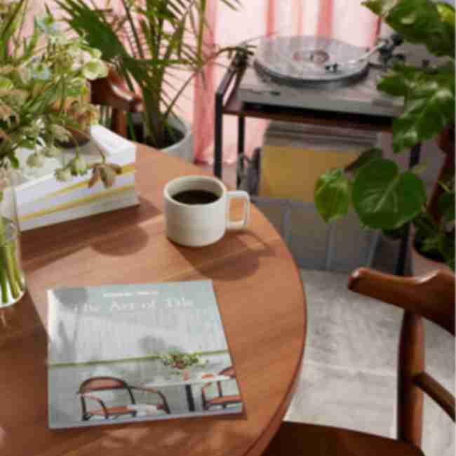 The Tile Shop 2022 Look Book on coffee table surrounded by greenery inside home setting