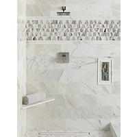 Thumbnail image of This marble tile has a polished finish and a cloudy white base with gold veining, profiles are the same marble and accent border is a glass geometric patterned mosaic tile.