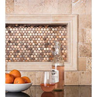 Thumbnail image of Bar area backsplash with a fusion of copper and stone tile and profiles in warm tones on black counter top.
