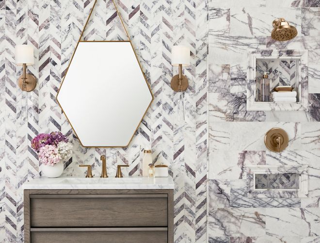 Extravagant white and purple marble bathroom. 
