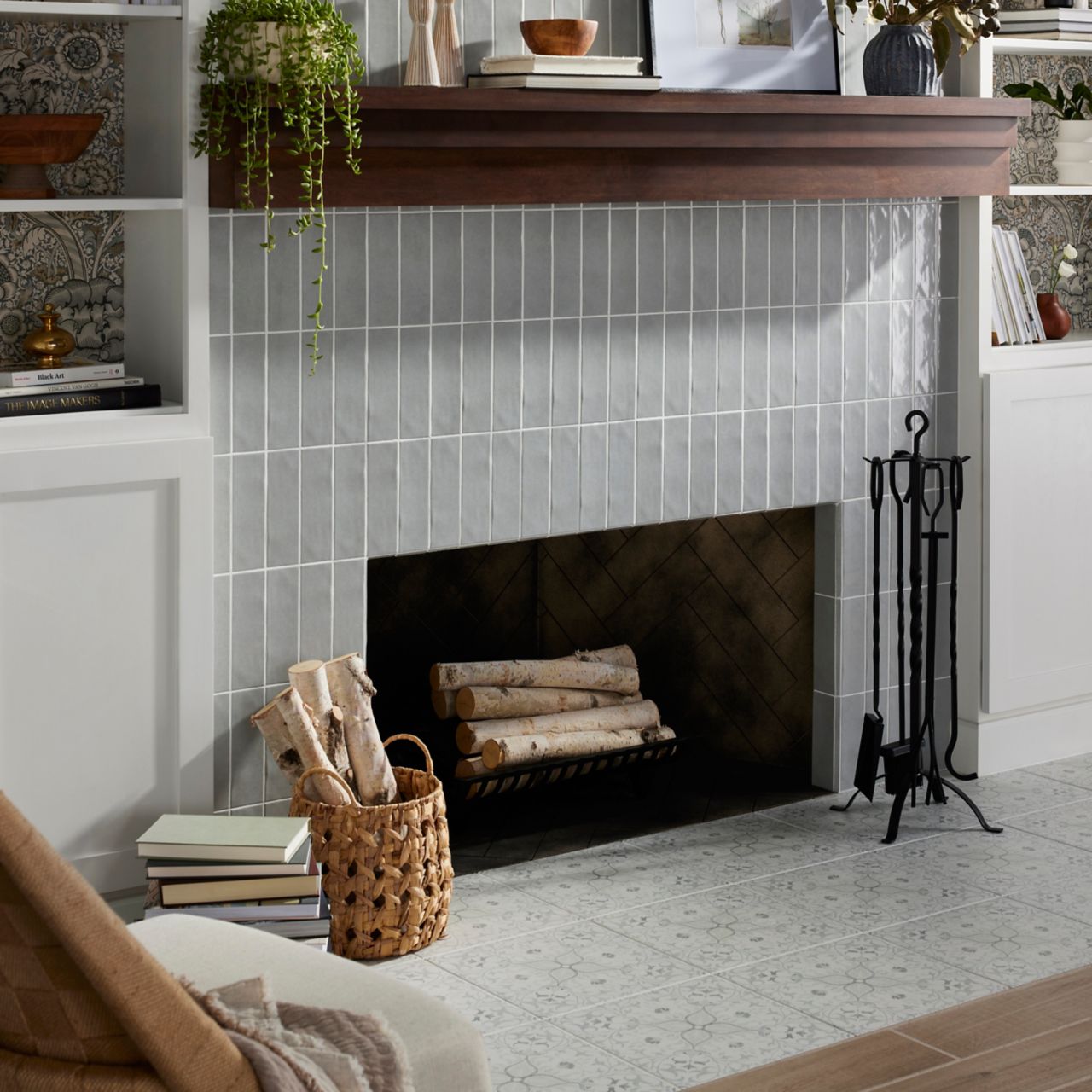 Living Room with a fireplace with Morris and Co. Hawkdale Pure Cloud Subway tile on the wall, Morris and Co. Pure Net Cloud Floor tile on the hearth, and Solna Natural Wood Look Floor Tile