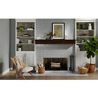 Thumbnail image of Living Room with a fireplace with Morris and Co. Hawkdale Pure Cloud Subway tile on the wall, Morris and Co. Pure Net Cloud Floor tile on the hearth, and Solna Natural Wood Look Floor Tile