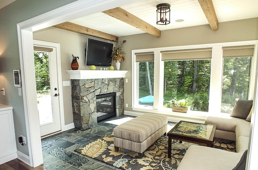 wood tiles in living room. 