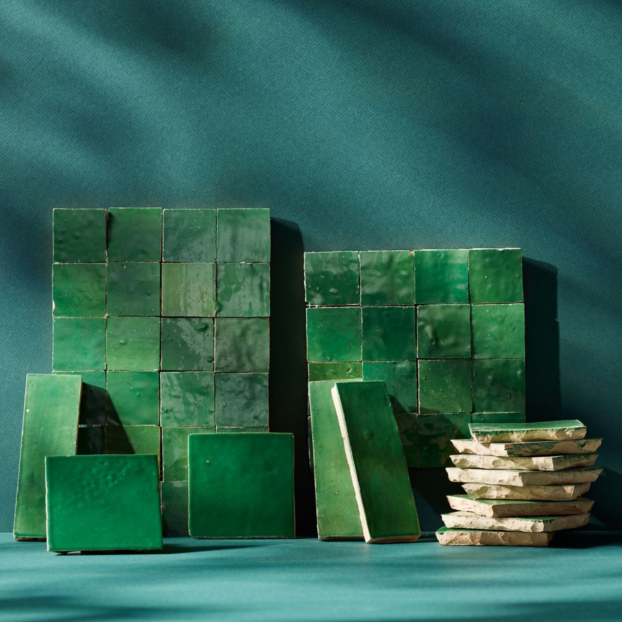 Shamrock Zellige Tile in three styles: mosaic, square and rectangular.