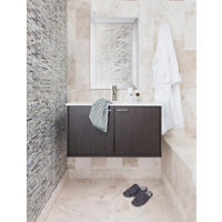 Thumbnail image of Bathroom with natural marble in warm beige and creamy whites.  Accent wall features a horizontal mosaic glass tile.  Room has Floating wood vanity with mirror above.