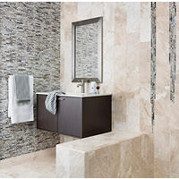 Thumbnail image of Walk in shower in bathroom tiled in natural marble and glass mosaic.  Marble is warn tones of beige and creamy whites.  Floating wood vanity with metal framed mirror.