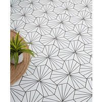 Thumbnail image of Hexagonal porcelain tile on bathroom floor.  Tile is white with black lines to make a design.